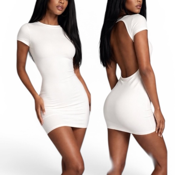 Reformation x Laura Harrier Christy Knit Open Back TShirt Mini Dress Ivory L NWT - Picture 4 of 16